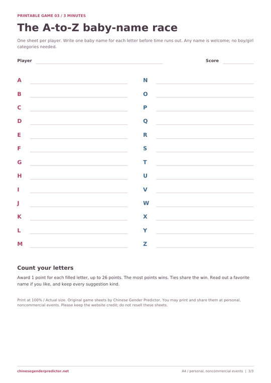 Preview of an A to Z baby-name race sheet with a writing line for each letter and a total score.