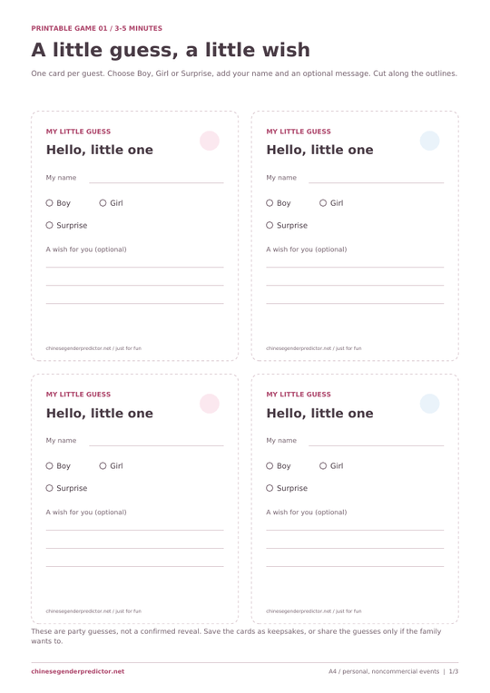 Preview of four printable prediction cards with a guest name, Boy, Girl or Surprise choice, and a message for the family.
