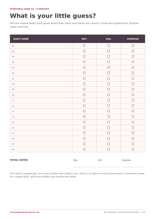 Preview of a guest vote sheet with 20 rows, Boy, Girl and Surprise columns, and spaces for the totals.